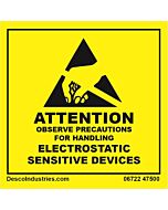 Desco 06722 Attention Label with ESD Susceptibility Symbol Black on Yellow, 2in x 2in