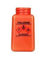 Menda 35763 DurAstatic Dissipative HDPE Orange Square Bottle GHS Label with "Toluene", 6 oz
