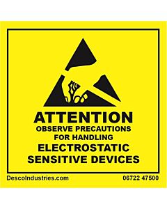 Desco 06722 Attention Label with ESD Susceptibility Symbol Black on Yellow, 2in x 2in